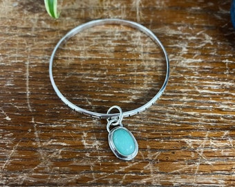 Large Stamped Half Round Sterling Silver Bangle with Chrysoprase Charm - Silversmith - Metalsmith Jewelry