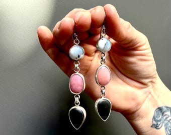 Dendritic Opal, Pink Opal and Onyx Earrings