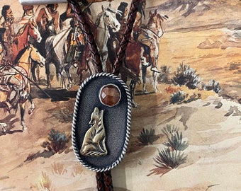 Howling Coyote with Sunstone Bolo Tie - Silversmith - Metalsmith Jewelry