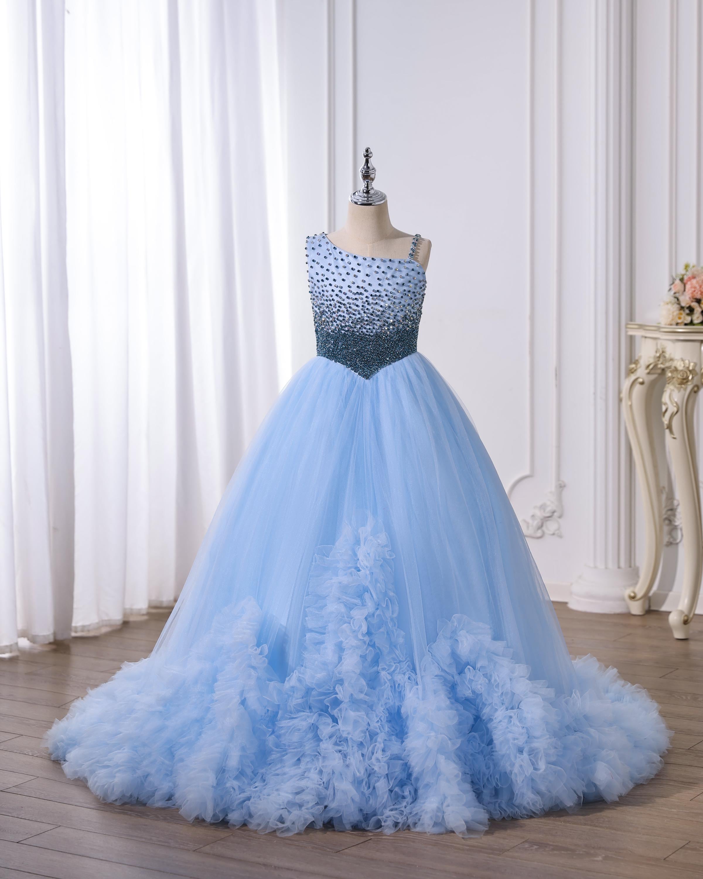 evening dress in pale blue tulle with stole Light Blue Tulle Off-the-Shoulder Tiered A-Line Prom Evening Dress US10 / Custom Color