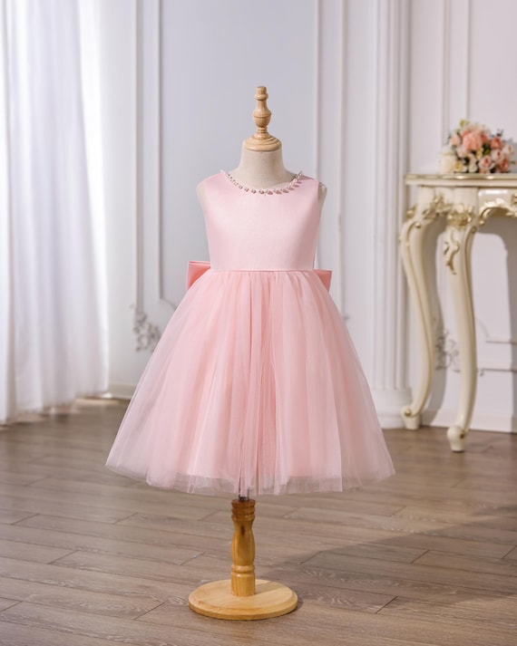 Pink Satin Tulle Flower Girl Dress, Big Bow & V-back Beaded Pearls Dress, Puffy White Red Black Color Dress, Daily Girl Dress