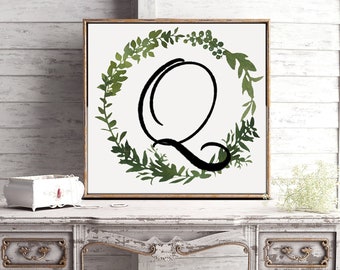 Printable "Q" Monogram digital Art watercolor botanical Wreath print featuring custom Brush script Wall Art for download home decor