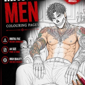 Peut inclure: Une page de coloriage numérique montrant une personne torse nu avec des tatouages sur les bras et la poitrine, portant un masque de crâne et des gants sans doigts, assise dans un fauteuil. Le texte indique MASKED MEN COLOURING PAGES, BUNDLE OF 5 IMAGES, DIGITAL FILE, A4 SIZE, et DARK. BOLD. ADDICTIVE.