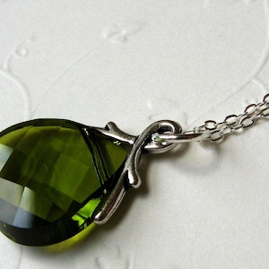Green Crystal Necklace, Pear Swarovski Crystal with 18-inch Sterling Silver Chain