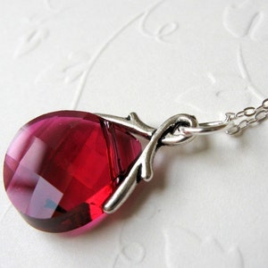 Crystal Necklace, Ruby Red Pear Swarovski Crystal with 18&quot; Sterling Silver Flat Cable Chain