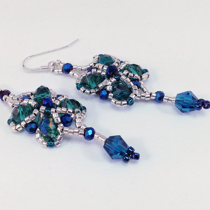Silver Beaded Earrings Aqua Faceted Crystals Metallic Seed Etsy