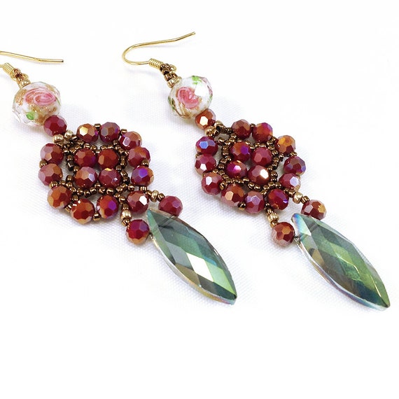 Rojo Pequeño de Plata Pendientes de Clip en Grano de Cristal Gota Colgante Elegante