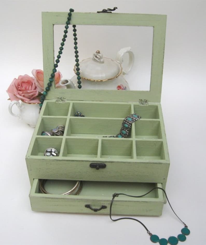 Wooden Jewelry Box Light Green Shabby Chic home decor, Buy 1 From The Shop And Get 1 Small Gift , jewelry box for women image 3