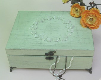 Wooden Jewelry Box Light Green "Shabby Chic" with angels feet ,jewelry box, jewelry storage,*** Buy 1 From The Shop And Get 1 Small Gift ***