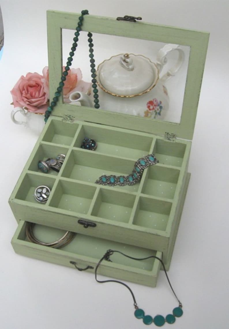 Wooden Jewelry Box Light Green Shabby Chic home decor, Buy 1 From The Shop And Get 1 Small Gift , jewelry box for women image 4