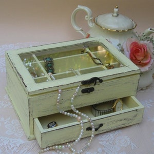 Light Yellow Wooden Jewelry Box Shabby Chic home decor, jewelry storage, ring box Buy 1 From The Shop And Get 1 Small Gift image 1