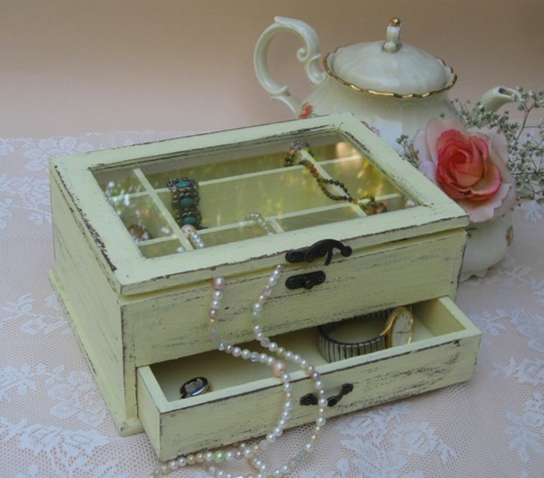 Light Yellow Wooden Jewelry Box Shabby Chic home decor, jewelry storage, ring box Buy 1 From The Shop And Get 1 Small Gift image 1