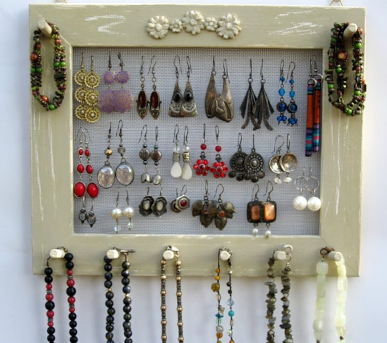 JEWELRY ORGANIZER HOLDER Widthwise mocca Shabby Chic / 25 40 Earrings / 24 36 Necklaces, Earring Display, Jewelry Holder, Gift For Mum image 1