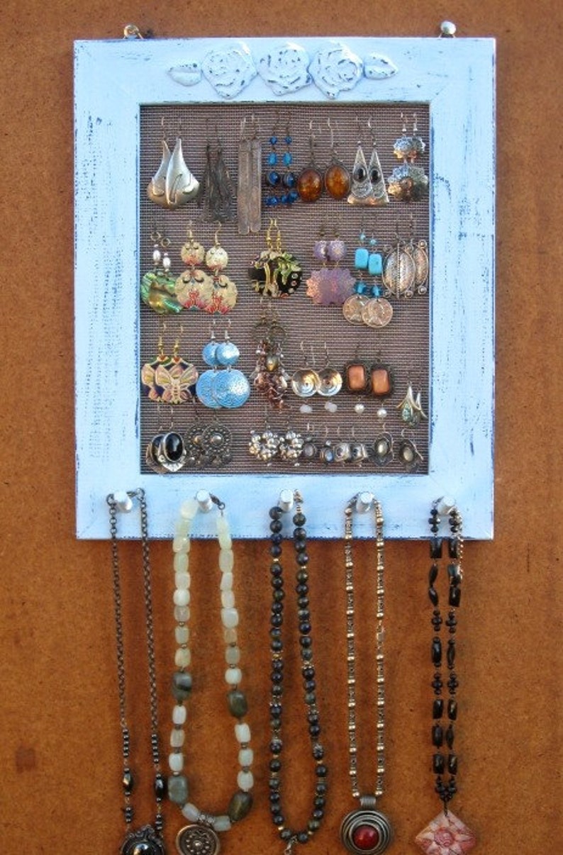JEWELRY DISPLAY RACK Light Blue Shabby Chic, jewelry wall organizer / 25 40 Earrings / 20 30 Necklaces image 2