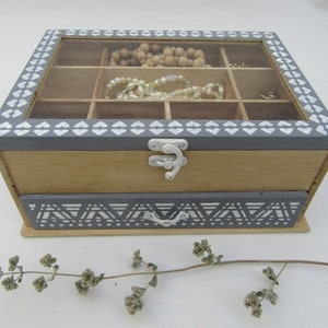 Natural Wood and Grey with White decoration BoHo, Modern Ethnic Jewelry BoxDisplay Buy And Get 1 Small Gift image 5