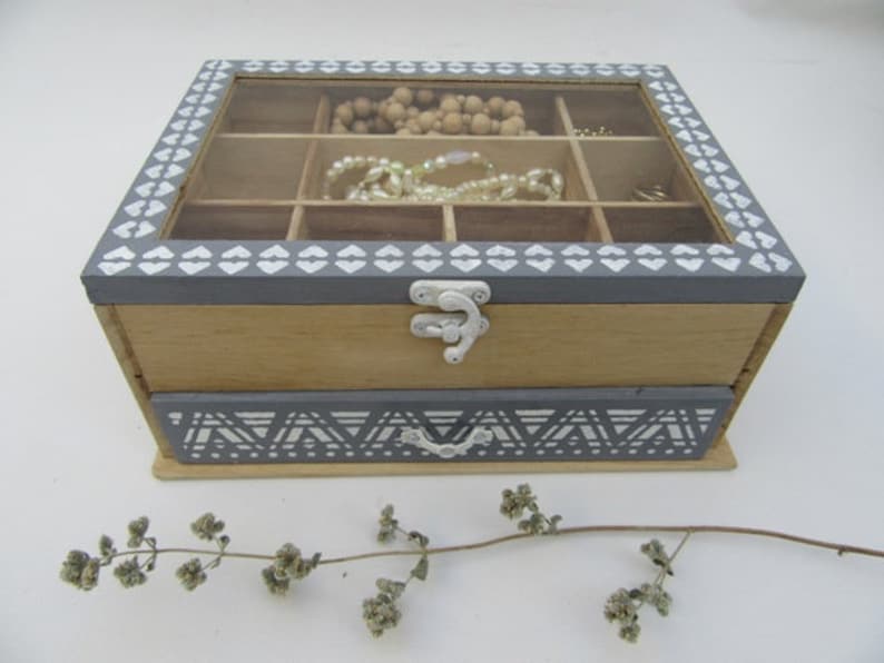 Natural Wood and Grey with White decoration BoHo, Modern Ethnic Jewelry BoxDisplay Buy And Get 1 Small Gift image 5