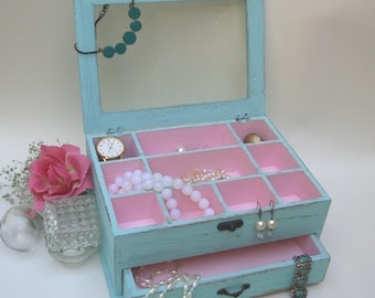 Light Blue & pink Shabby Chic Home Decor Wooden Jewelry Box*** Buy 1 From The Shop And Get 1 Small Gift ***