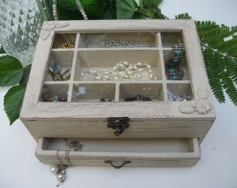 Beige "Shabby Chic" Wooden Jewelry Box with flowers, jewelry box for women, *** Buy 1 From The Shop And Get 1 Small Gift ***