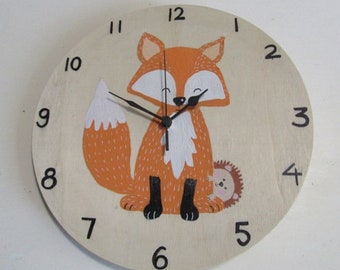 Happy Fox & Hedgehog wall clock, nursery wall clock, children wall cloce