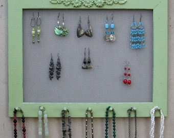 Widthwise Green Shabby Chic JEWELRY ORGANIZER RACK / 40 - 50 Earrings / 28 - 35 Necklaces