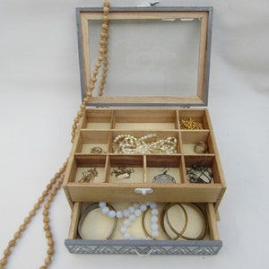 Natural Wood and Grey with White decoration BoHo, Modern Ethnic Jewelry BoxDisplay Buy And Get 1 Small Gift image 2