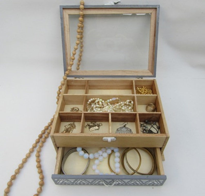 Natural Wood and Grey with White decoration BoHo, Modern Ethnic Jewelry BoxDisplay Buy And Get 1 Small Gift image 2