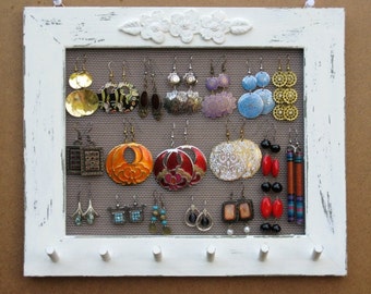 JEWELRY ORGANIZER HOLDER Widthwise Cream Shabby Chic / 25 - 40 Earrings / 24 - 36 Necklaces