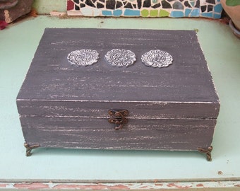 JEWELRY BOX Grey Color Boho Chic Home Decor with mini angels feet, necklaces storage, jewelry box vintage, Earring Storage Box