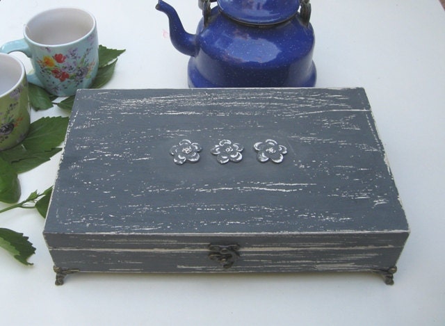 Tea Box Grey Shabby Chic Home Decor / Tea Bag Box, Wooden Tea Box ...