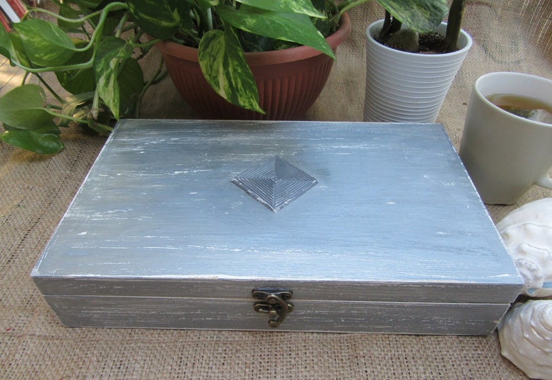 Silver Tea Box Shabby Chic Tea Box Tea Bag Storage Wooden Etsy