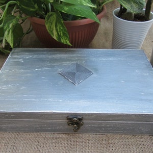 Silver Tea Box, Shabby chic tea box, Tea bag storage, Wooden tea cabinet, Rustic tea box, Vintage tea box