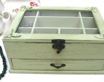 Wooden Jewelry Box Light Green "Shabby Chic" home decor,*** Buy 1 From The Shop And Get 1 Small Gift ***, jewelry box for women