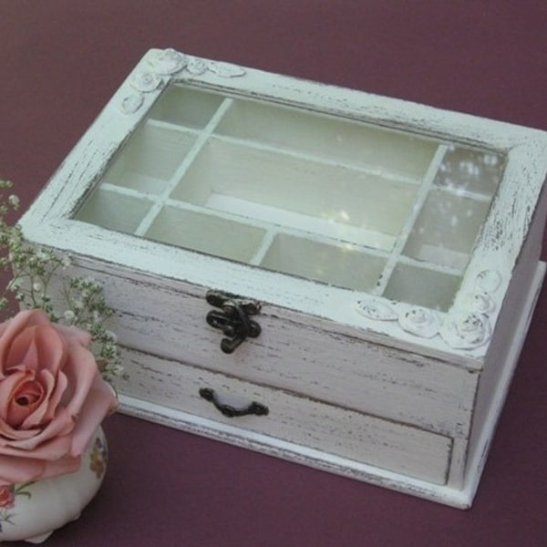 Shabby Chic Wooden Jewelry Box Cream On Brown, jewelry box for women, earring box, *** Buy 1 From The Shop And Get 1 Small Gift ***