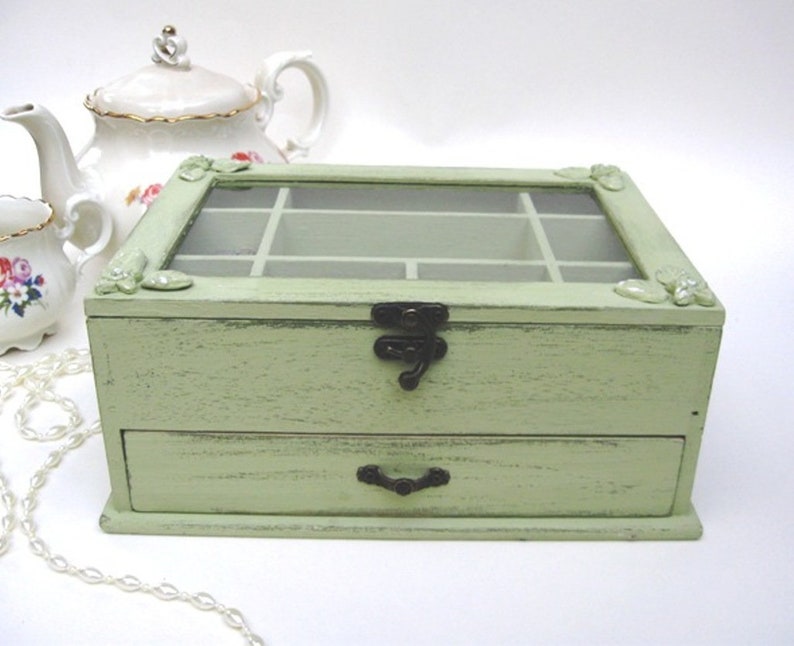 Wooden Jewelry Box Light Green Shabby Chic home decor, Buy 1 From The Shop And Get 1 Small Gift , jewelry box for women image 2