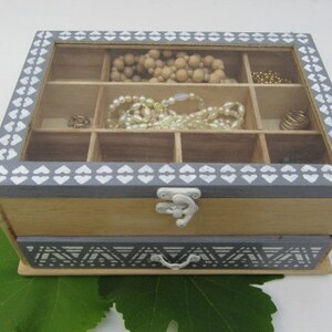 Natural Wood and Grey with White decoration BoHo, Modern Ethnic Jewelry BoxDisplay Buy And Get 1 Small Gift image 3