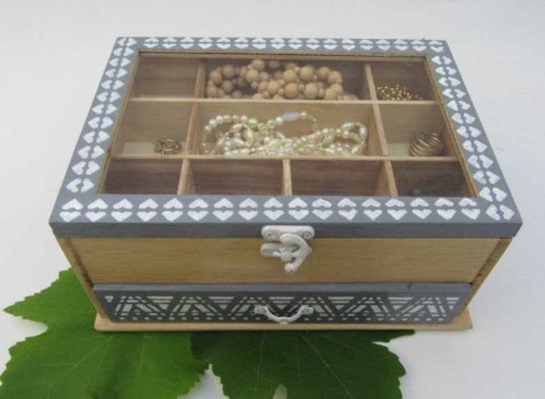 Natural Wood and Grey with White decoration BoHo, Modern Ethnic Jewelry BoxDisplay Buy And Get 1 Small Gift image 3