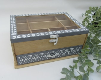 Natural Wood and Grey with White decoration  BoHo, Modern Ethnic Jewelry Box\Display * Buy And Get 1 Small Gift *