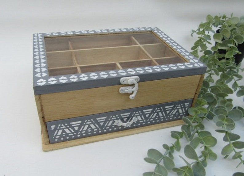 Natural Wood and Grey with White decoration BoHo, Modern Ethnic Jewelry BoxDisplay Buy And Get 1 Small Gift image 1