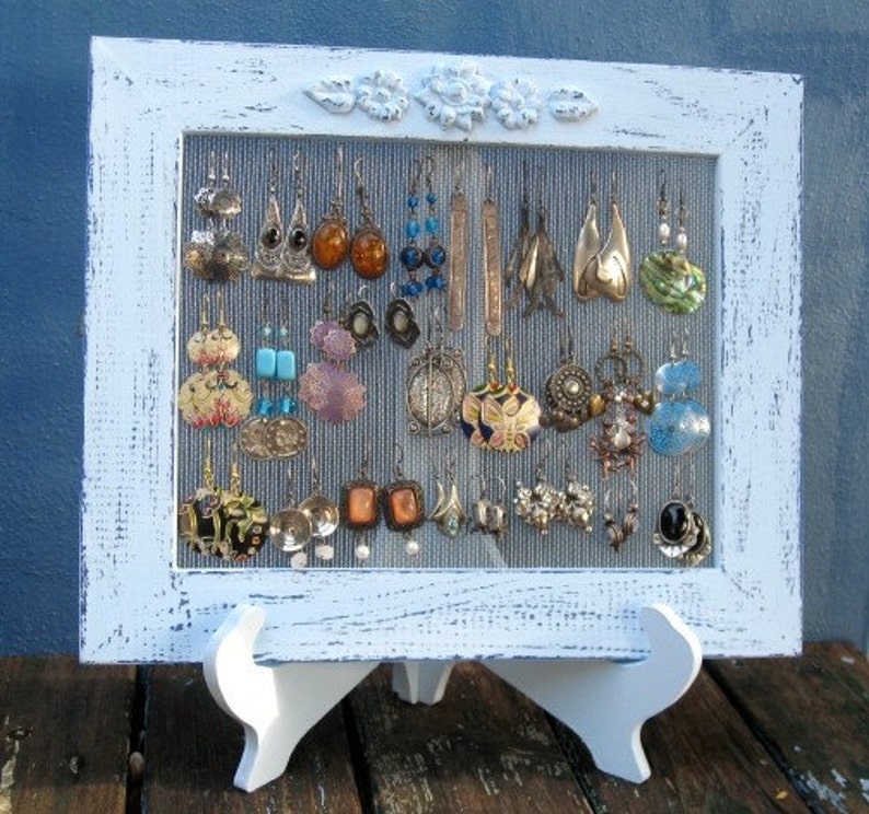 Earring Holder On A Stand , Light Blue Shabby Chic Earring Display ,Jewellry Display , 25 40 Earrings image 2