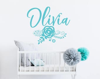 Nursery Flower Monogram with Name  - Vinyl Text Wall Art Custom Home Decor