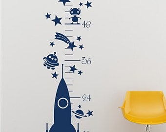 May include: A blue rocket ship with stars, planets, and a spaceship on a white wall with a height chart in inches. The chart goes from 12 to 60 inches.