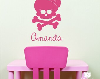 Nursery Girl Skull Wall Decal with Bow - Vinyl Sticker Art Custom Home Decor