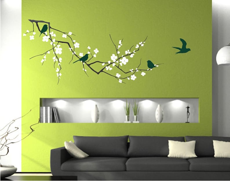 Cherry Blossom Branch Wall Decal with Birds Vinyl Wall Stickers Art Custom Home Decor image 3