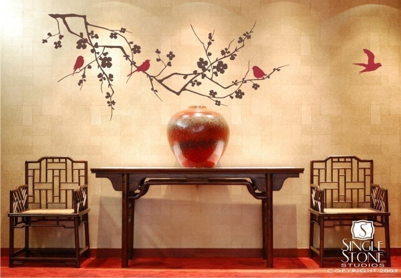 Cherry Blossom Branch Wall Decal with Birds Vinyl Wall Stickers Art Custom Home Decor image 2