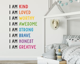 I AM - affirmation - I Am kind. loved. worthy. Awesome Strong. Brave. Honest. Creative. Quote Wall Decal - Vinyl Words