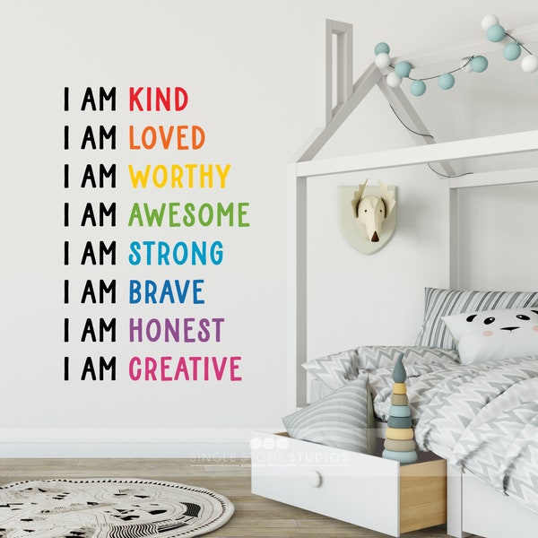 I AM - affirmation - I Am kind. loved. worthy. Awesome Strong. Brave. Honest. Creative. Quote Wall Decal - Vinyl Words
