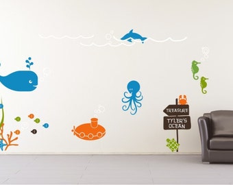 Nursery Underwater Ocean Scene Wall Decals Mural - Nursery Kids Wall Stickers Custom Home Decor