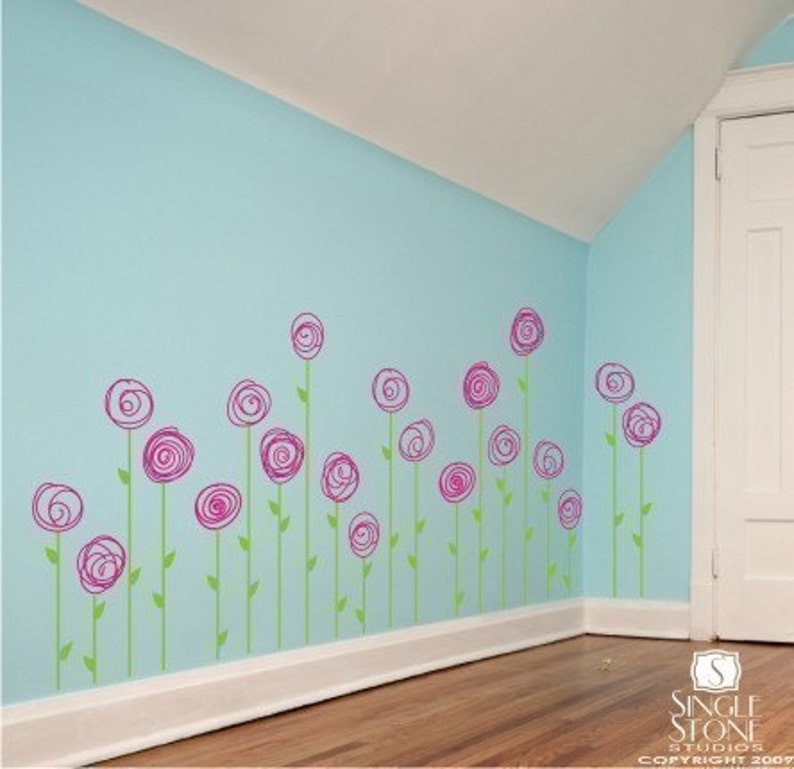 nursery flower wall decals doodle flower garden vinyl | etsy