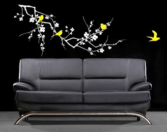 Cherry Blossom Branch Wall Decals with Birds: Vinyl Art Stickers