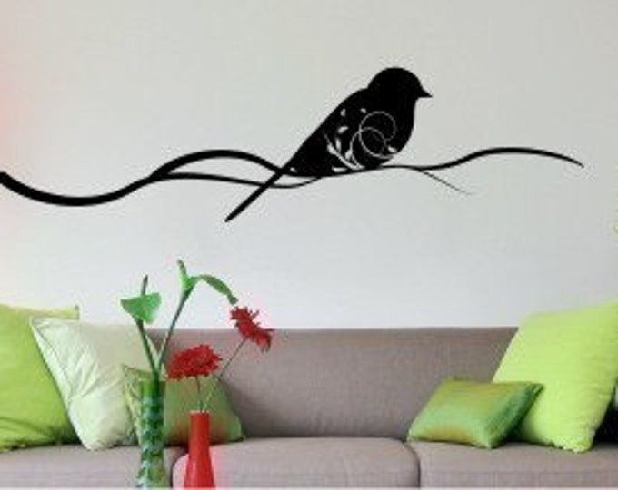 Bird With Leaves on Tree Branch - Vinyl Wall Art Decal Sticker Graphic ...